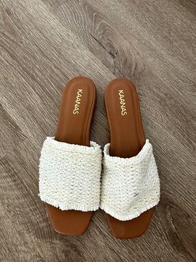 Kaanas Cream Woven Slide Mules with Brown Footbed